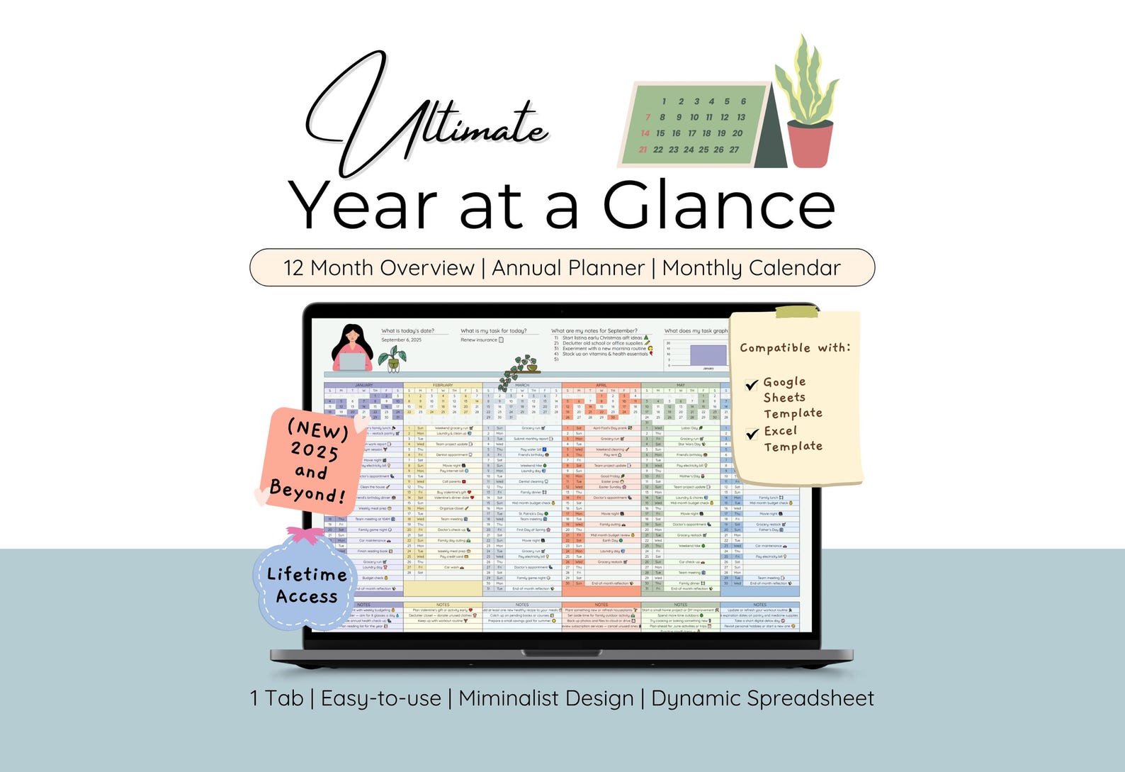 Simple Yearly Calendar Planner Excel Template Year at a Glance Calendar ...
