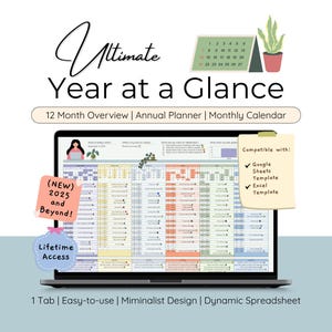 Op de afbeelding: Een laptop toont een spreadsheet met de titel "Ultimate Year at a Glance" met een overzicht van 12 maanden, een jaarplanner en een maandkalender. Het scherm toont een kleurrijke, georganiseerde lay-out. Er is een bureaukalender, een plant in een pot en plaknotities.