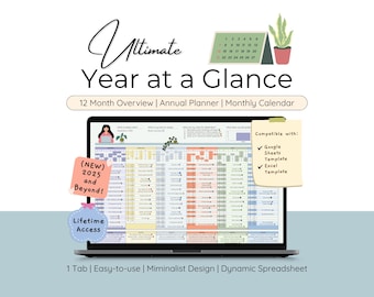 Plantilla de Excel para planificador anual de calendario sencillo. Calendario anual de un vistazo. Plantilla de Google Sheets para resumen mensual. Hoja de cálculo para seguimiento de eventos.