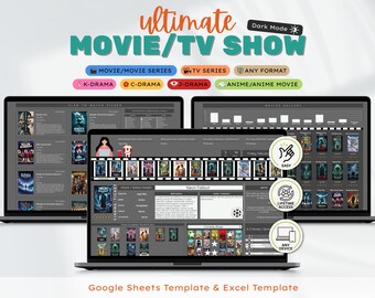 May include: Three laptops displaying a movie and TV show database template. The title "Ultimate Movie/TV Show" is at the top, with options for different formats. Icons indicate easy access, lifetime access, and any device compatibility. The template is for Google Sheets and Excel.
