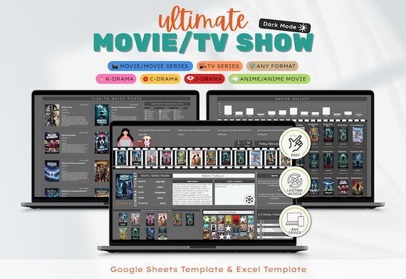 Movie Series Anime Tracker Google Sheets Template TV Show Excel Kdrama Spreadsheet Journal Gift for Film Lovers Watchlist Log Episode Rating