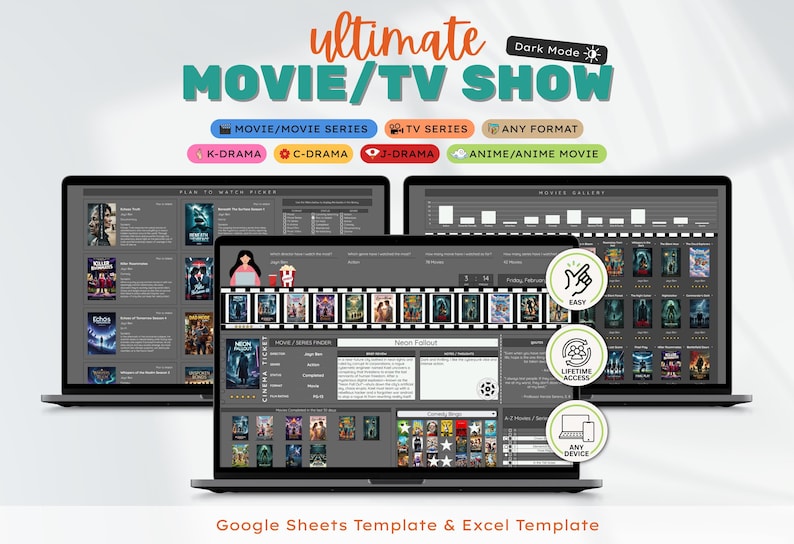 May include: Three laptops displaying a movie and TV show database template. The title "Ultimate Movie/TV Show" is at the top, with options for different formats. Icons indicate easy access, lifetime access, and any device compatibility. The template is for Google Sheets and Excel.