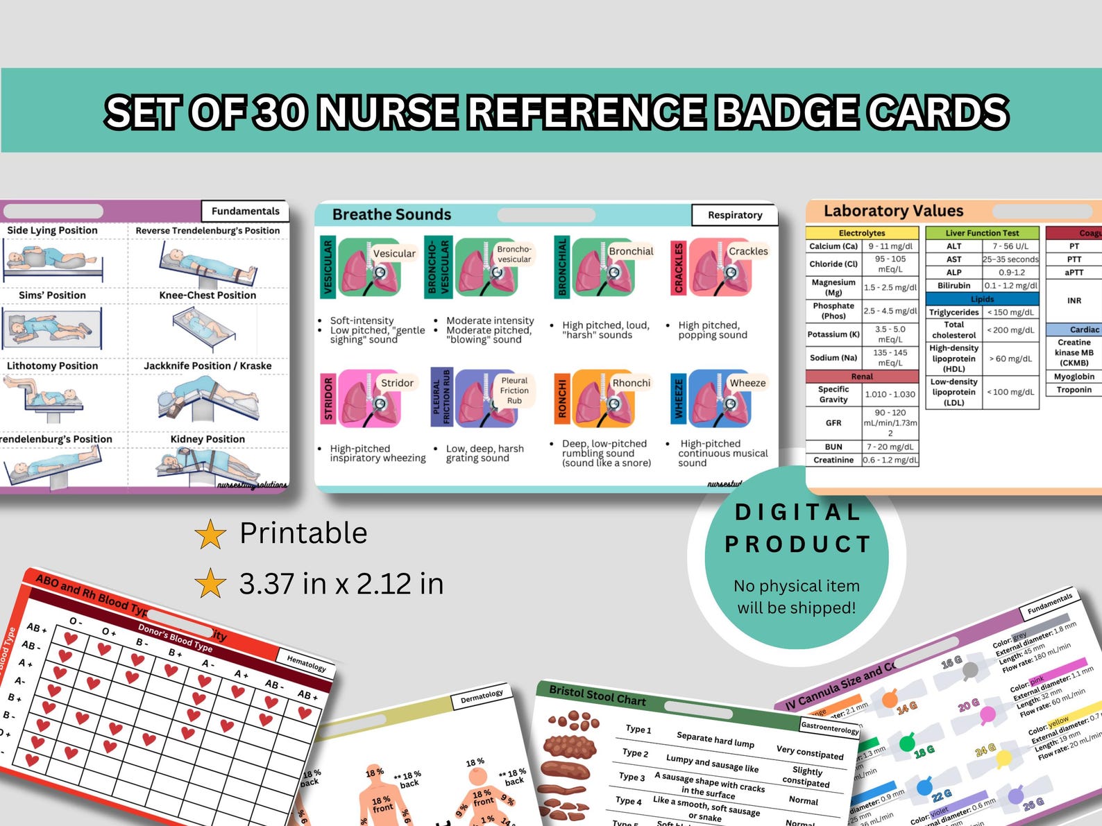 Set of 30 Complete Nurse Reference Badge Card Pack RN Pocket Cards ...