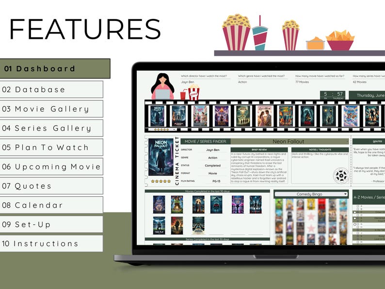 Film & Serie TV Show Tracker Tabelle Vorlage mit Galerie Zitaten Sammlung Film Liebhaber Journal Planer Episoden Bewertung Bewertung Bingo Bild 2