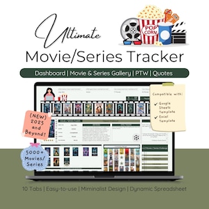 Plantilla de hoja de cálculo para rastrear series de películas y programas de TV con galería, colección de citas, diario para amantes del cine, planificador, clasificación de episodios, bingo de reseñas