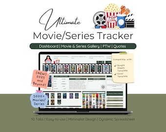 Movie Series & TV Show Tracker Spreadsheet Template with Gallery Quotes Collection Film Lovers Journal Planner Episode Rating Review Bingo