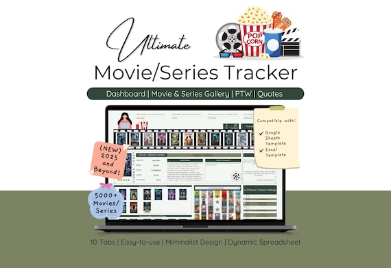 Movie Series & TV Show Tracker Spreadsheet Template with Gallery Quotes Collection Film Lovers Journal Planner Episode Rating Review Bingo