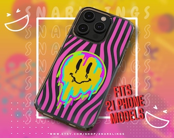 Pink Melty Smiley Clear Phone Case | Psychedelic Dripping Design, Colorful Transparent Cover for iPhone 14, 13, 12, 11, Samsung S21, S22