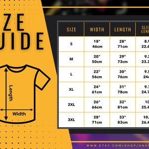 May include: Size guide for a t-shirt with measurements in inches and centimeters. The chart shows the width, length, and sleeve length for sizes S, M, L, XL, 2XL, and 3XL.