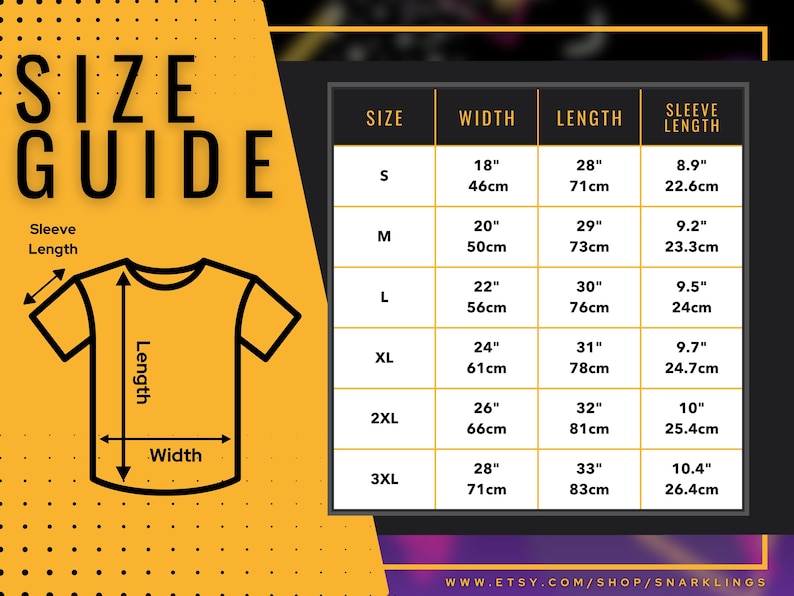 May include: Size guide for a t-shirt with measurements in inches and centimeters. The chart shows the width, length, and sleeve length for sizes S, M, L, XL, 2XL, and 3XL.