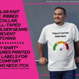 Camiseta gráfica del Índice de Alimentos para el Autismo / Camiseta autista peculiarmente específica, camiseta neurodivergente, camiseta Tism, diseño de tiras de pollo imagen 5