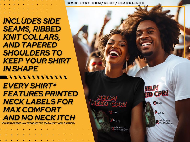 May include: Two people wearing t-shirts with the text "Help! I Need CPR!" printed on them. The shirts are black and white. The text is in red. The people are smiling and looking at the camera.