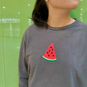 SIZE M hand embroidered thrifted watermelon dark gray crewneck pullover sweatshirt  |  100% cotton  |  Profits for Palestine