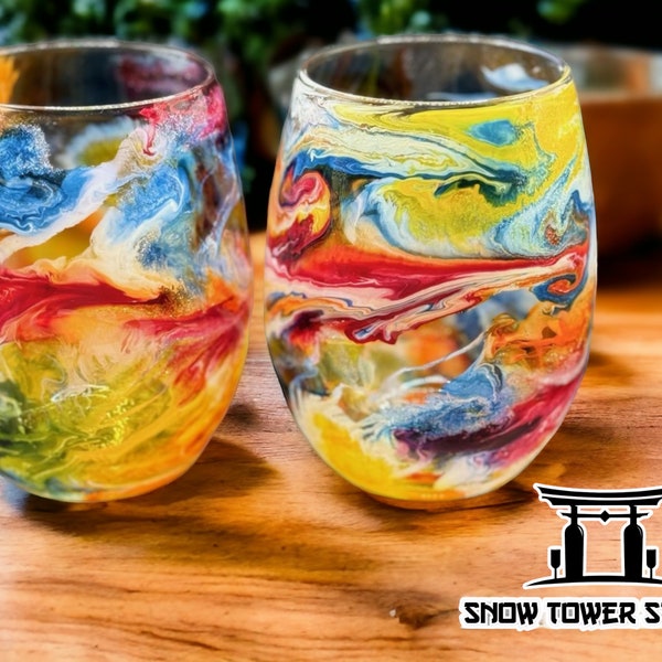 Vibrant l Yellow, Crimson and Navy Blue Resin Art l Stemless Wine Set