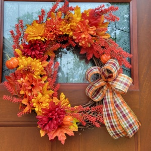 Fall autumn wreath red, yellow, and orange with leaves and pumpkin with ribbon 18 inch grapevine
