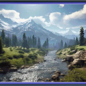 Op de afbeelding: Een schilderachtig landschap met een rivier die door een vallei stroomt, omringd door besneeuwde bergen en weelderig groen.