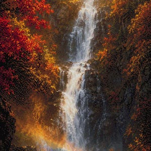 Autumn Waterfall Cross Stitch Pattern PDF | Rainbow Mist Fall Forest Gorge | DMC | Flossworks + Pattern Keeper+ Markup R-XP Compatible