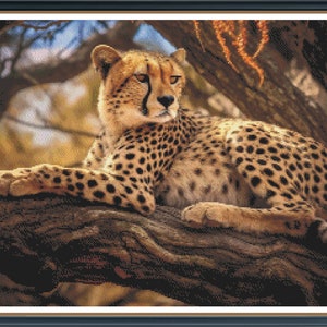 High Detail Cheeta Resting in a Tree Cross Stitch Pattern