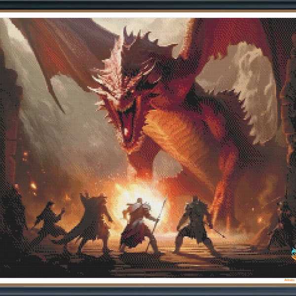 Battling Giant Red Dragon Cross Stitch Pattern - Pattern Keeper Compatible