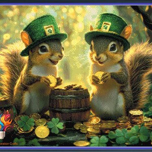May include: Digital art print depicting two squirrels in green leprechaun hats, surrounded by gold coins and shamrocks. The squirrels hold gold coins near a wooden barrel, creating a whimsical St. Patrick's Day scene.
