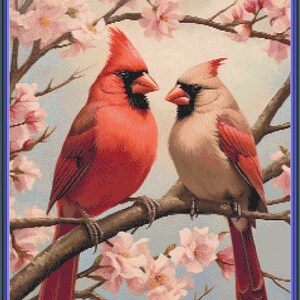 Cardinals in the Spring cross stitch pattern; Pattern Keeper compatible