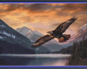 Eagle: Majestic Sunset Flight Cross Stitch Pattern (PDF); Pattern Keeper compatible