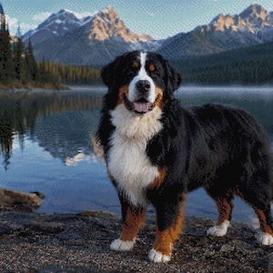 Könnte beinhalten: Ein Berner Sennenhund mit dichtem schwarzem, weißem und rostfarbenem Fell steht an einem felsigen Ufer. Der Hund hat eine weiße Blesse im Gesicht, eine weiße Brust und lohfarbene Abzeichen über den Augen sowie an den Beinen vor einem Bergsee.