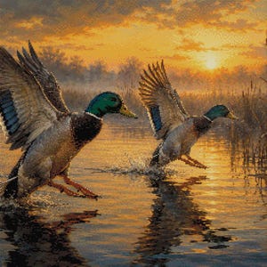 May include: A detailed wall art print depicting two mallard ducks taking flight from a calm lake at sunset. The scene features the ducks with green heads and brown bodies, splashing water, and tall cattails against a golden orange sky.