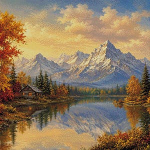 May include: A cross-stitch pattern depicting a mountain landscape with a small cabin by a lake. The scene features snow-capped peaks, a forest with autumn-colored trees in shades of orange and yellow, and a calm lake reflecting the mountains.