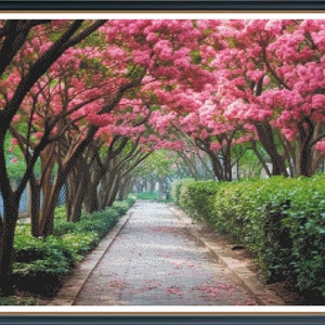 May include: A pathway lined with trees in full bloom, with pink flowers covering the branches. The path is paved with gray stones and leads through a lush green garden.