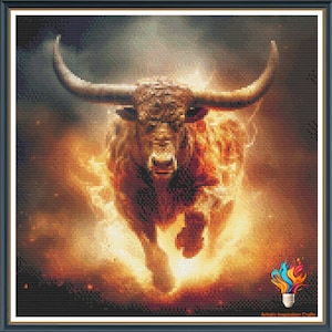 May include: A cross-stitch design of a charging bull, rendered in shades of brown, orange, and yellow, with a fiery, glowing effect. The bull has large horns and is set against a dark background. The image is framed.