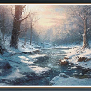 May include: A snowy winter scene with a stream flowing through a forest. The trees are bare and covered in snow, and the sun is shining through the branches. The stream is clear and blue, and the snow is white and fluffy.