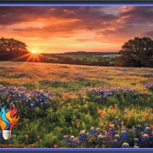 May include: A scenic sunset over a field of wildflowers, with a bright orange sky and a single tree in the foreground. The sun is setting behind the tree, casting long shadows across the field.