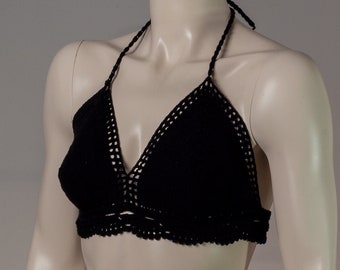 Top bralette all'uncinetto nero per l'estate, top bralette all'uncinetto fatto a mano