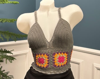 Knitted Gray Crop Top, Gray Crochet bustier, Sleeveless Gray Knit Crop Top,  Crop top with Straps