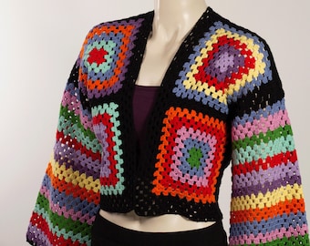 Lolita Long Sleeve Granny Square Cardigan | Woman Vintage Handknitted Cardigan | Multicolor Cardigan | 1960’s Multicolor Cardigan