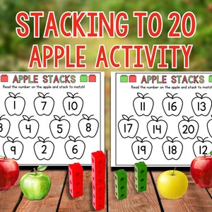 May include: Two printable worksheets for kids to practice counting and matching numbers 1 to 20. Each worksheet features a set of apples with numbers on them and a corresponding set of red and green blocks to stack.