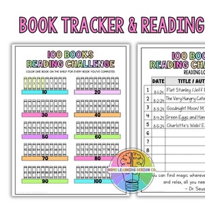 May include: A printable 100 book reading challenge chart with a colorful bookshelf design. The chart is divided into 10 sections, each representing 10 books. The chart is designed to be used as a reading log for children. The chart includes a section for recording the date, title, author, and rating of each book read. The chart also includes a quote from Dr. Seuss: "You can find magic wherever you look. Sit back and relax, all you need is a book."