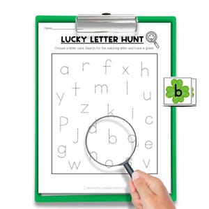 Imprimibles para el Día de San Patricio para niños: búsqueda de letras de la suerte, juego de reconocimiento del alfabeto, preescolar, jardín de infantes, educación en el hogar, fonética