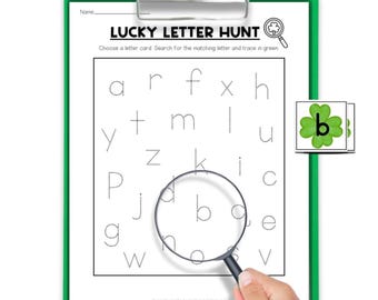 Kids St. Patricks Day Printables - Lucky Letter Hunt , Alphabet Recognition Game, Preschool, Kindergarten, Homeschool , Phonics