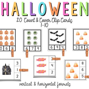 May include: Twenty Halloween-themed count and cover clip cards for kids. The cards feature images of pumpkins, eyeballs, bats, candy corn, haunted houses, and candy canes. Each card has a number grid with numbers 1-10.