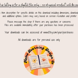 May include: A digital download for a printable design featuring a book with the text "Home Learning Design Co." in a circle with a yellow, orange, and red color scheme.