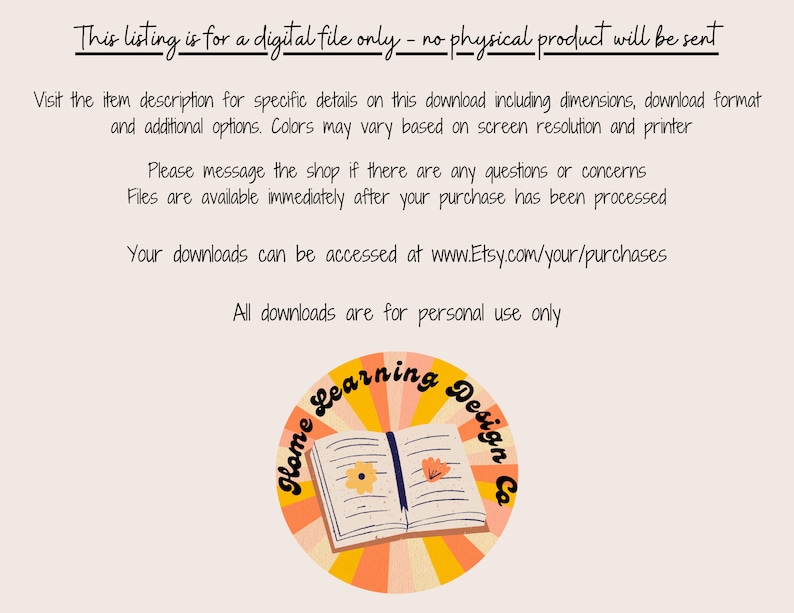 May include: A digital download for a printable design featuring a book with the text "Home Learning Design Co." in a circle with a yellow, orange, and red color scheme.