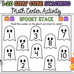 Könnte beinhalten: Ein Mathe-Arbeitsblatt zum Thema Halloween mit Geisterillustrationen mit den Nummern 1-10. Der Text lautet "1-20 Snap Cube Stacking Math Center Activity" und "Spooky Stack". Enthält orange und lila Snap-Cubes zum Stapeln.