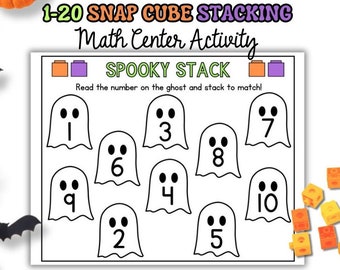 Centro de matemáticas Spooky Stack, tapetes de aprendizaje Snap Cube de Halloween, conteo del 1 al 20 - Matemáticas de jardín de infantes - Matemáticas preescolares, Matemáticas de educación en el hogar, Matemáticas de primaria