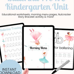 Pode incluir: Três telas de tablet digital mostrando uma unidade educacional com tema de bailarina para pré-escola e jardim de infância. As telas mostram atividades de traçado, um menu matinal e prática de letras. O texto "Ballerina Tracing", "Morning Menu" e "for ballerina" é visível nas telas. Os tablets estão sobre um fundo branco com sapatilhas de balé cor-de-rosa em primeiro plano.