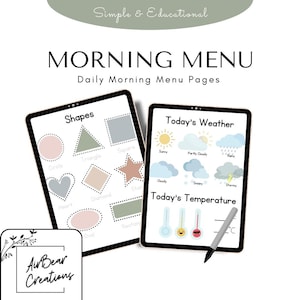 May include: Two printable worksheets for children. The first worksheet features a variety of shapes with dotted lines for tracing. The second worksheet features a weather chart with icons for sunny, partly cloudy, rainy, cloudy, snowy, and stormy weather. There is also a thermometer with a smiley face and a red face to indicate temperature.