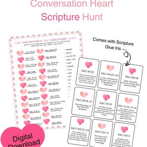 D&C Conversation Heart Scripture Hunt / Scripture Card Glue Ins / Valentine’s Day / Scripture Mastery / Instant Download