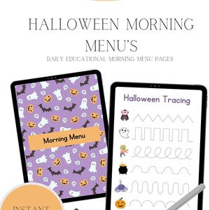 Könnte beinhalten: Druckbare Halloween-Morgenmenü-Seiten mit einem violetten Hintergrund und einem Muster aus Kürbissen, Geistern und Fledermäusen. Die zweite Seite ist eine Malvorlage mit verschiedenen Halloween-Charakteren und Formen.