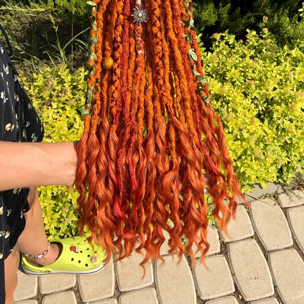 Ginger crochet dreadlocks wavy ends synthetic redhead dreads double ended or single ended fake dreads extensions with curly ends